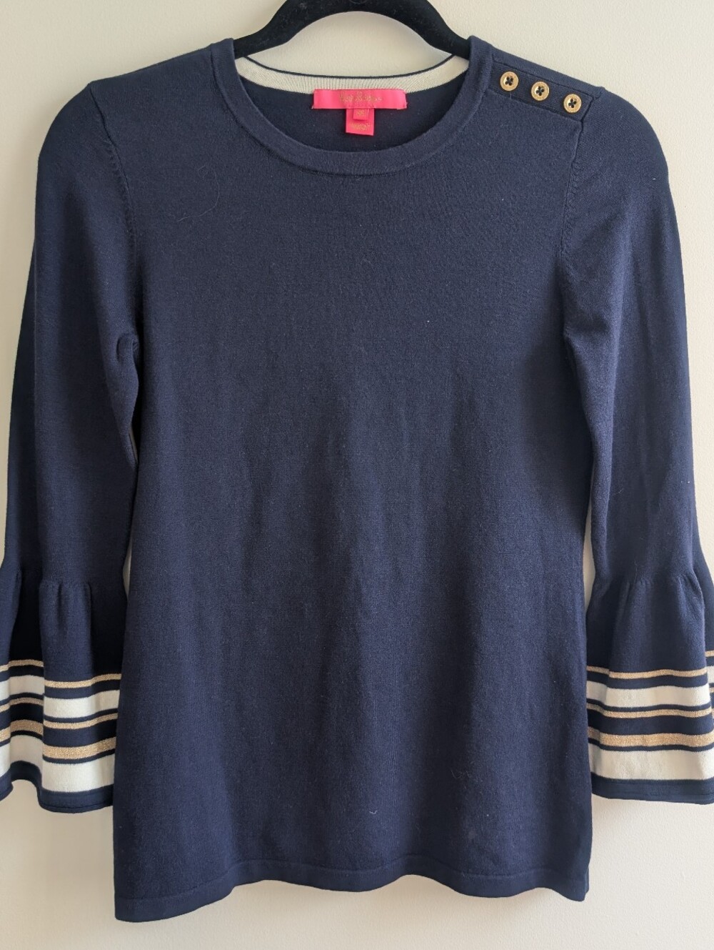 Lilly Pulitzer Blue Pullover Sweater 3/4 Bell Sleeve Button Detail Sz XS